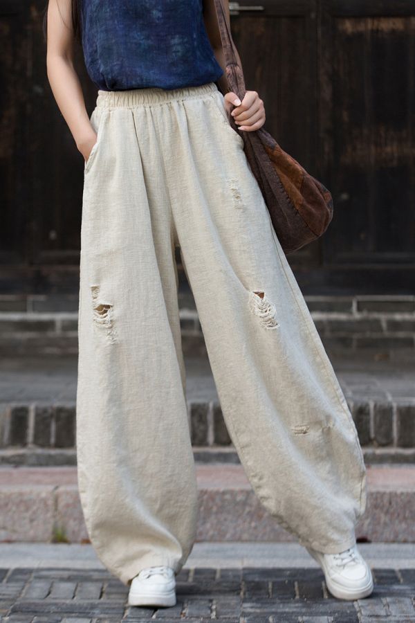 燕燕～秋季新款！苧麻 破洞炒色長褲 砂洗個性小眾流浪風燈籠褲 