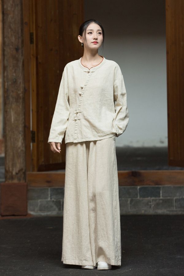 燕燕~秋冬新款 苧麻砂洗設計小衫 盤扣領花邊國風改良襯衫 上衣 