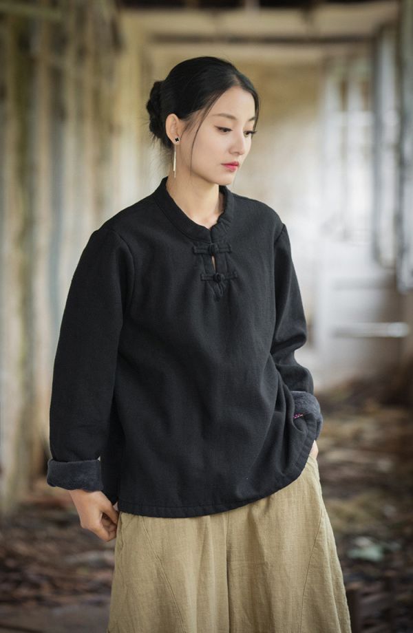燕燕~秋冬新款 苧麻加絨加厚打底衫 盤扣復古文藝上衣T恤 (加絨加厚設計） 