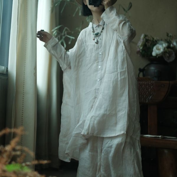 燕燕~水洗麻～寬鬆飄逸蝙蝠袖薄襯衫防曬上衣。ab196101（這件非常寬鬆喔） 