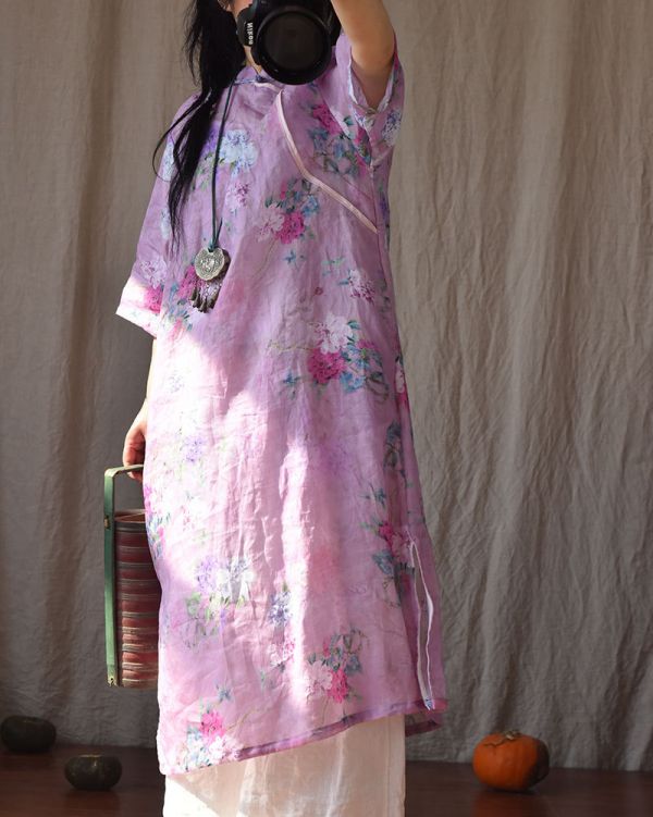 燕燕~棉麻商品 印花苧麻材質 長款斜襟盤扣茶服 洋裝 連身裙 