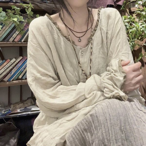 燕燕~文藝復古長袖麻棉燻色工藝炒舊撞色花邊領開衫襯衫 上衣 