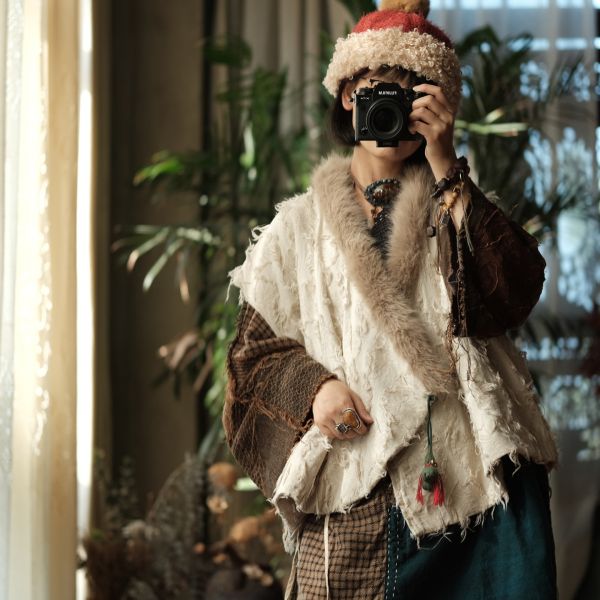 燕燕~復古毛邊做舊棉麻氛圍感小眾皮草毛領背心 ab226201 