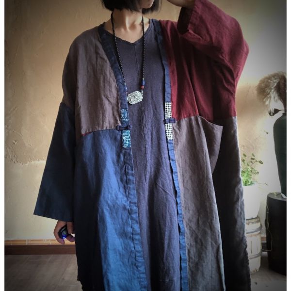 燕燕~棉麻商品~亞麻。 手工拼布水洗純個性大袍外披開衫上衣 外套 長袖棉麻衫 