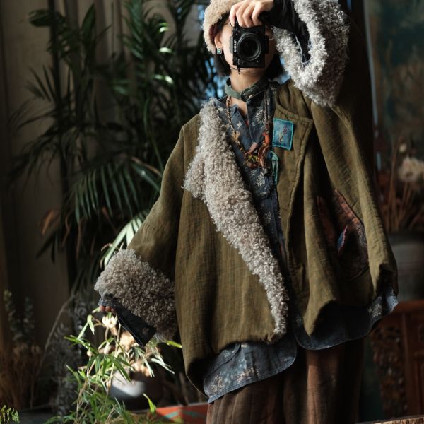 燕燕~秋冬新款 復古文藝羊捲毛翻領夾棉棉衣外套 ab227601 
