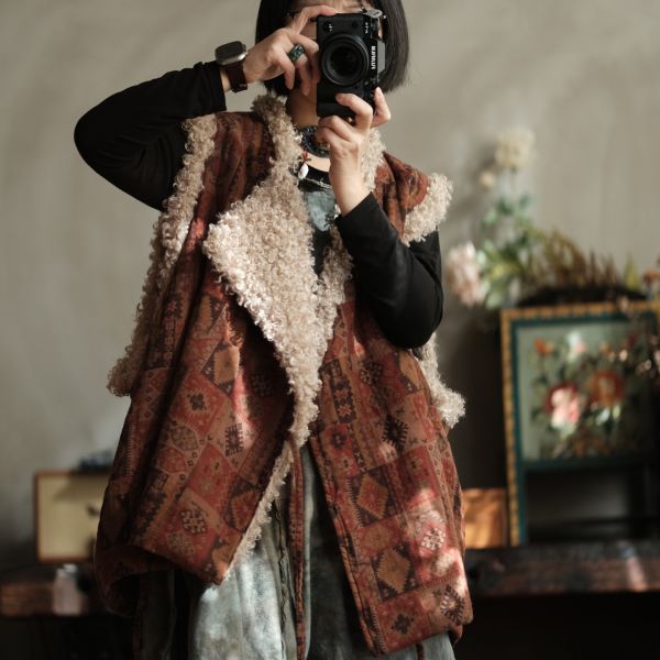 燕燕~復古羊捲毛翻領繫帶夾棉背心 ab227201 