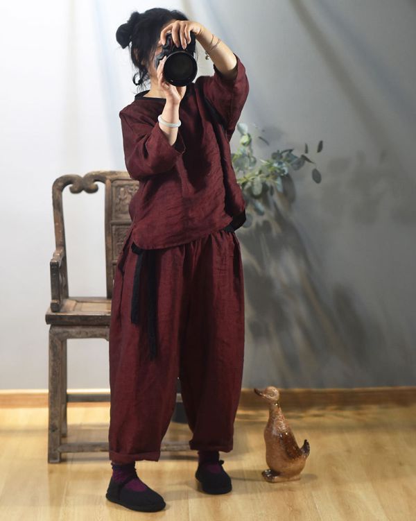 燕燕~色織亞麻偏襟盤扣上衣 文藝復古短肥款外套休閒禪意茶服 