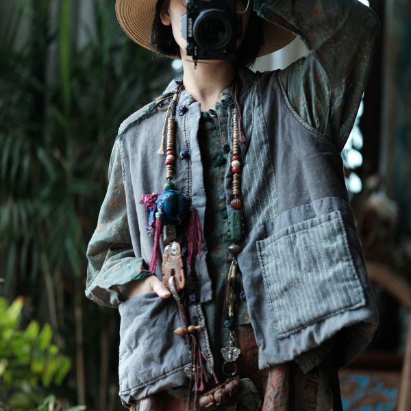 燕燕棉麻～純亞麻 復古文藝拼布寬鬆棉背心 ab179601 