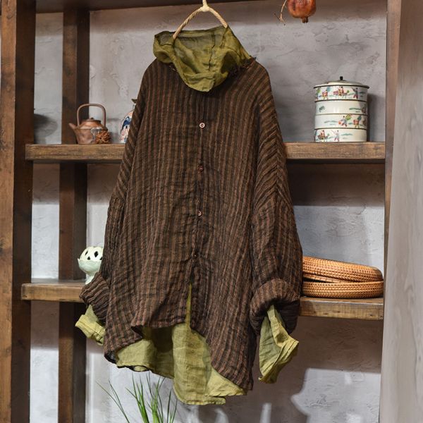 燕燕~ 亞麻   稀疏條紋色織砂洗毛邊外套 百搭長袖休閒寬鬆麻衫 