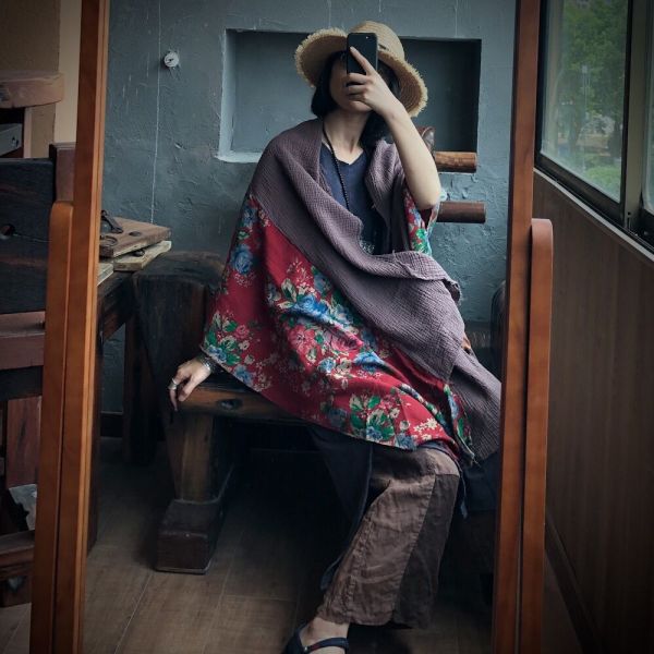 燕燕~棉麻商品~民族風.   肌理棉拼布毛邊圍巾 紅花 披肩 ab03201 