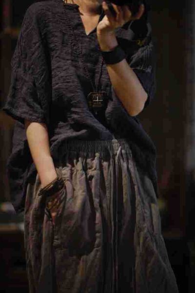 燕燕~亞麻 文藝復古肌理感色織套頭立領盤扣寬鬆落肩小衫 上衣 