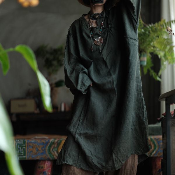 燕燕～亞麻～原創設計雪花洗頹廢感袍子中式洋裝 連身裙 ab198001 