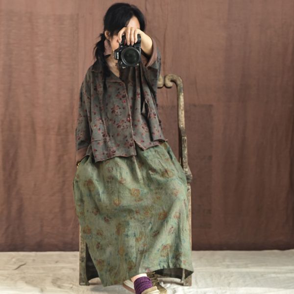 燕燕~春秋新款。亞麻 復古碎花鬆緊腰碎花側開叉長裙 