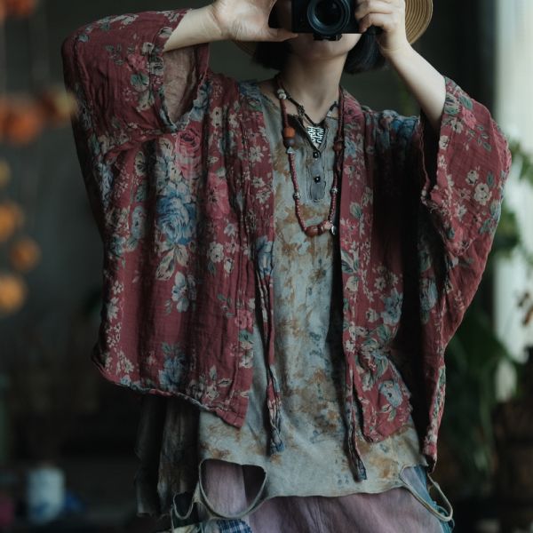 燕燕~棉麻商品~復古文藝棉料印花繫帶外披開襟衫 外套 ab237901 