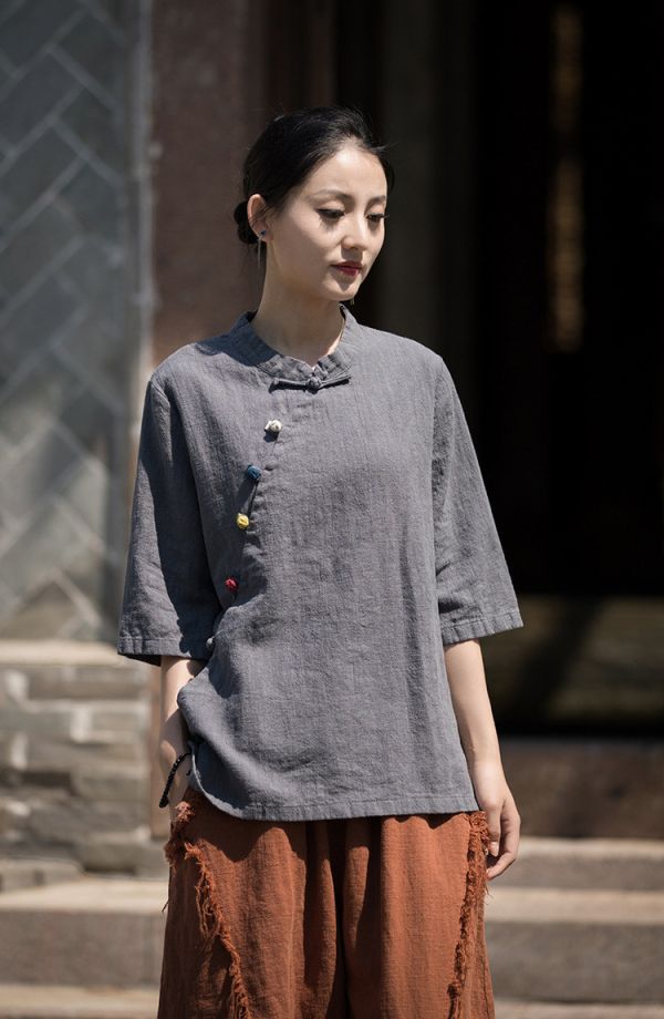 燕燕~夏季款式～苧麻立領復古盤扣上衣 茶服短袖襯衫 