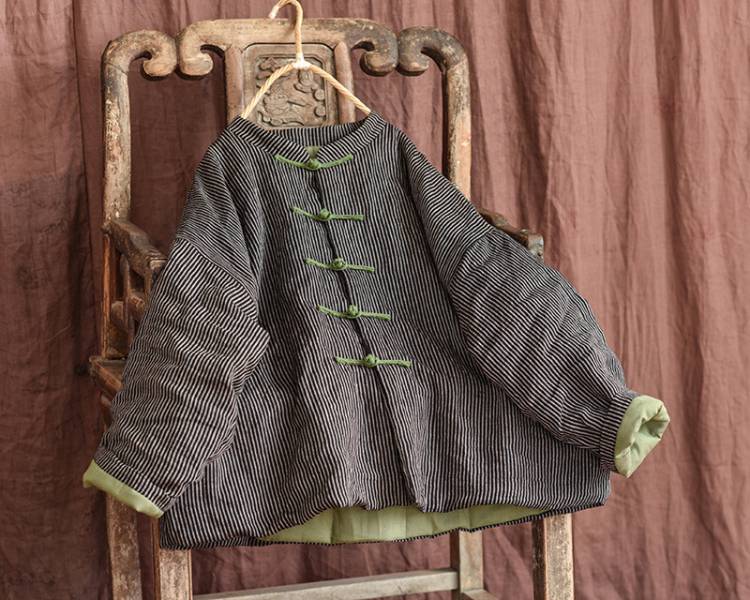 燕燕~棉麻商品~亞麻材質 色織條紋中式盤扣夾棉短棉衣外套 