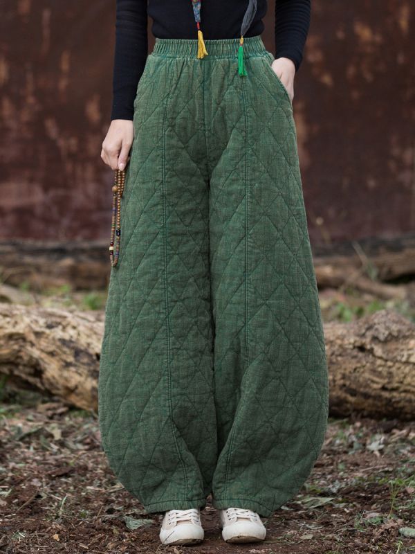 燕燕~冬季新款 復古夾棉絎縫菱形格加厚保暖燈籠棉褲 