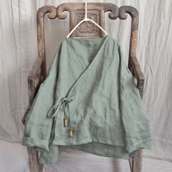 燕燕~棉麻  斜襟繫帶上衣 寬鬆上衣不規則下擺 開襟衫女裝襯衫 外套 