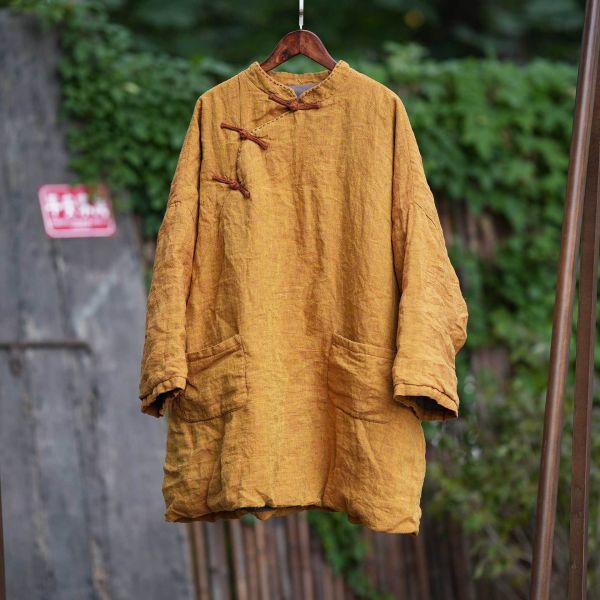 燕燕~冬季 色織亞麻加厚棉 手工縫線中長棉衣大口袋棉服棉襖外套 
