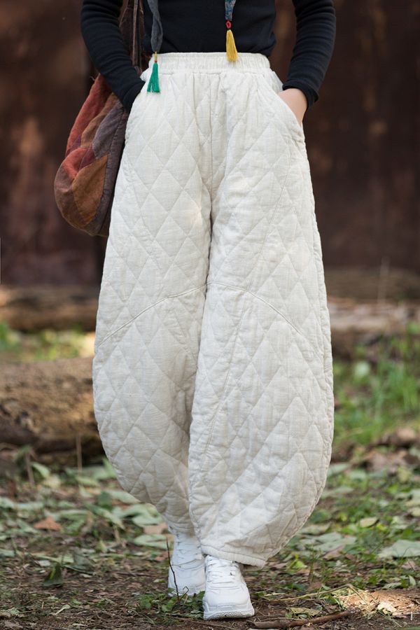 燕燕~冬季新款 復古夾棉絎縫菱形格加厚保暖燈籠棉褲 長褲 