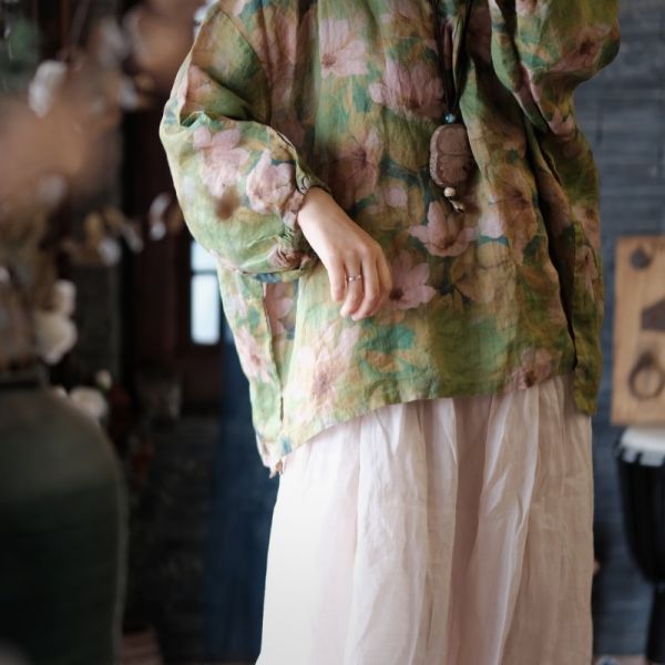 燕燕~春季新款。 純亞麻  復古舒適寬鬆繫帶小衫 上衣 長袖棉麻衫 ab199601 
