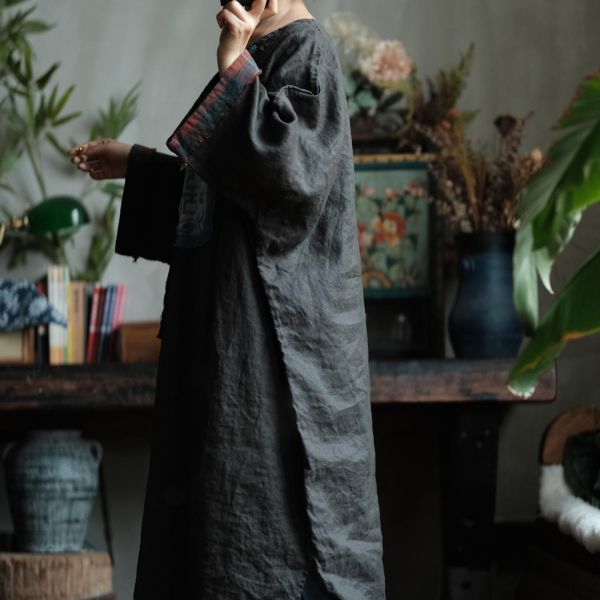 燕燕~復古純亞麻炒色做舊氛圍感小眾拼色手工拼接長袍 洋裝 連身裙 ab225701 (此件商品不退換） 