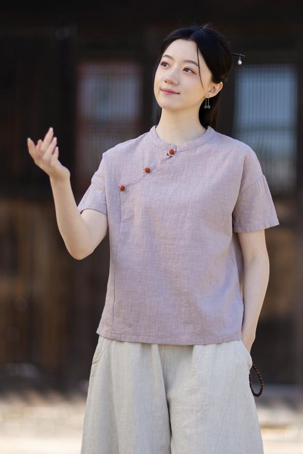 燕燕~夏季新款 復古改良襯衫 立領套頭盤扣寬鬆連肩短袖上衣 
