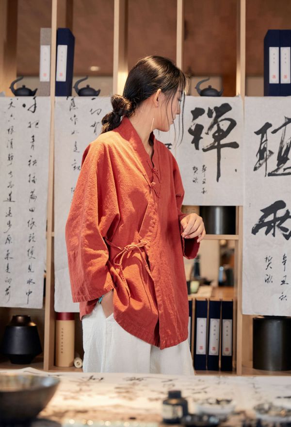 燕燕～復古砂洗做舊苧麻禪茶服立領繫帶  開衫外套 