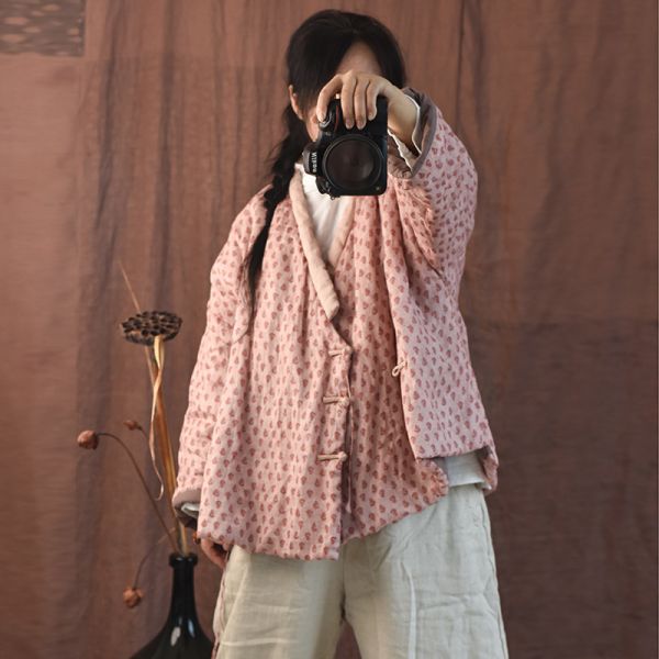 燕燕~棉麻商品~冬款. 亞麻 印花偏襟棉衣傳統手工盤扣夾棉外套 