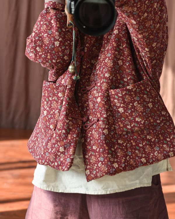 燕燕~棉麻商品~復古碎花盤扣開衫女式棉衣 立領保暖棉服短外套 