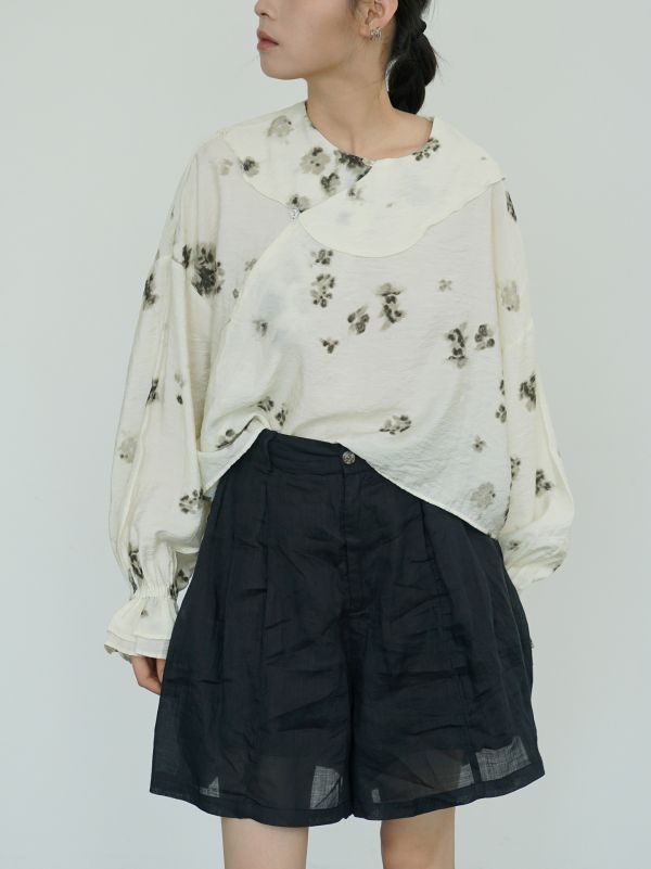 燕燕~天絲~中國風斜襟印花襯衫 復古雲肩寬鬆喇叭袖上衣    ab2420601 