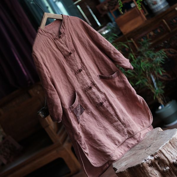 燕燕~春夏款 純苧麻。復古文藝印花寬鬆對襟長上衣襯衫  ab217601 