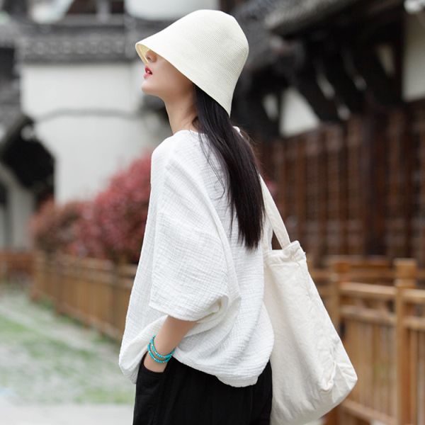 燕燕~夏款 棉麻材質 雙層竹節肌理感 圓領寬鬆設計 蝙蝠袖上衣 T恤衫 