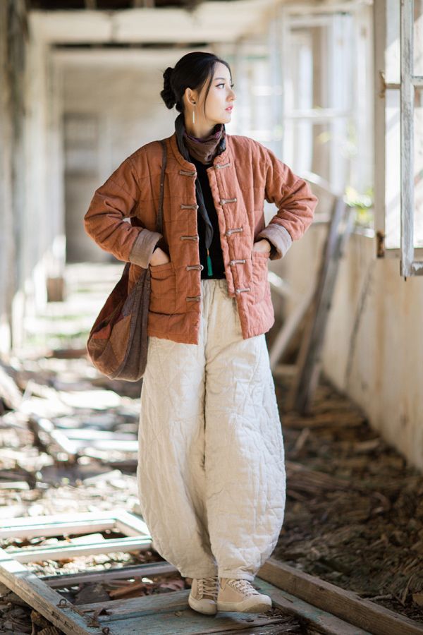 燕燕~冬季新款 苧麻夾棉方格絎縫棉襖短版棉衣外套 