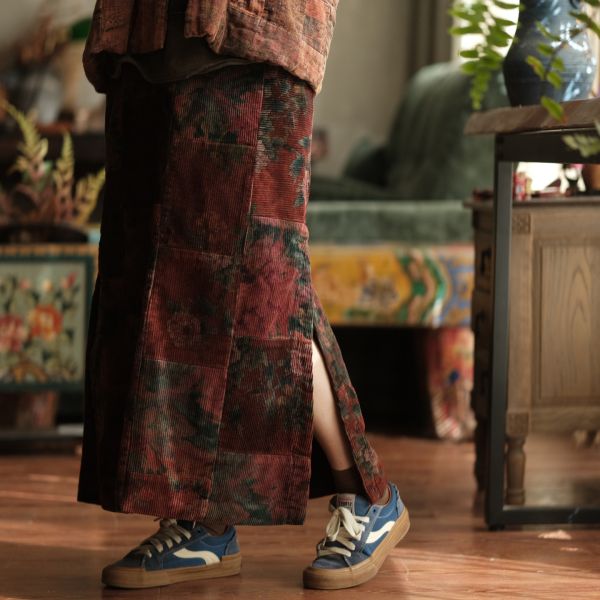 燕燕~復古文藝開叉古布拼接長裙 ab225201 