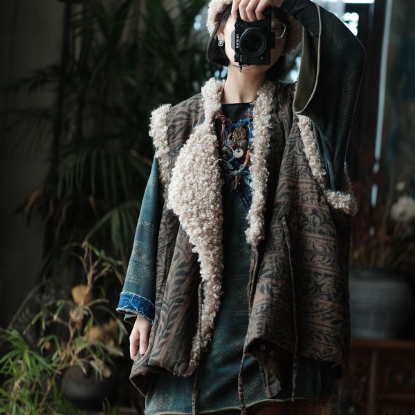 燕燕~復古羊捲毛翻領繫帶夾棉背心 ab227201 