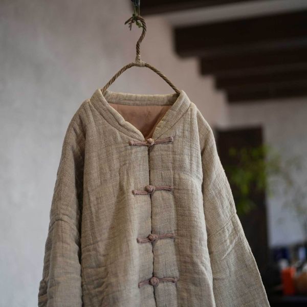 燕燕！手工盤扣 成衣水洗 高品質色織亞麻 加厚大版寬鬆盤扣棉襖外套 ab446101 