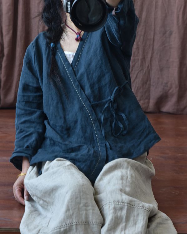 燕燕~亞麻  斜襟手工針跡繡線繫帶女式襯衫 文藝九分袖麻衫上衣 
