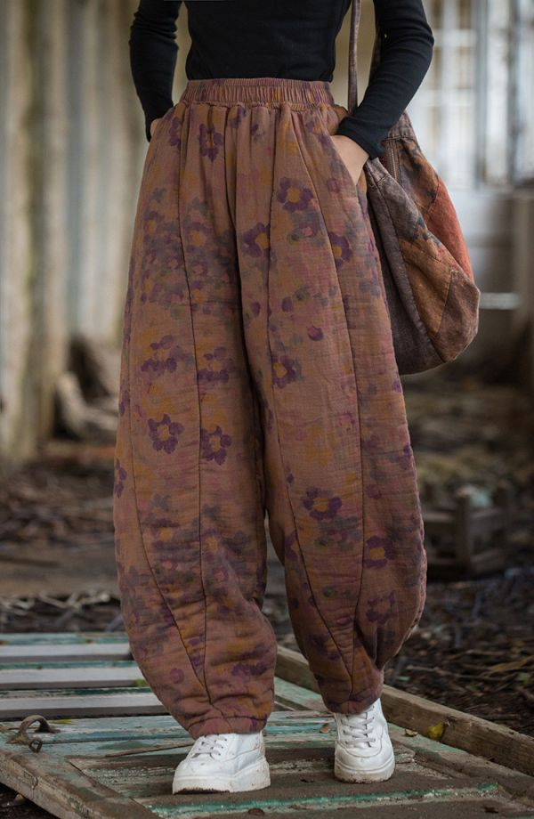 燕燕～秋冬新款 手染夾棉絎縫褲子12片拼接文藝燈籠褲女式棉褲 