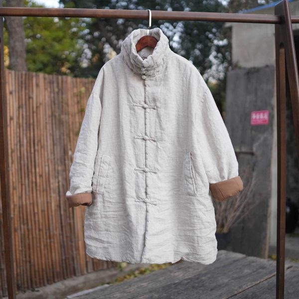 燕燕～堆領保暖 厚棉棉衣砂洗中長亞麻棉服 寬鬆棉衣 厚棉棉衣外套 ab30801 