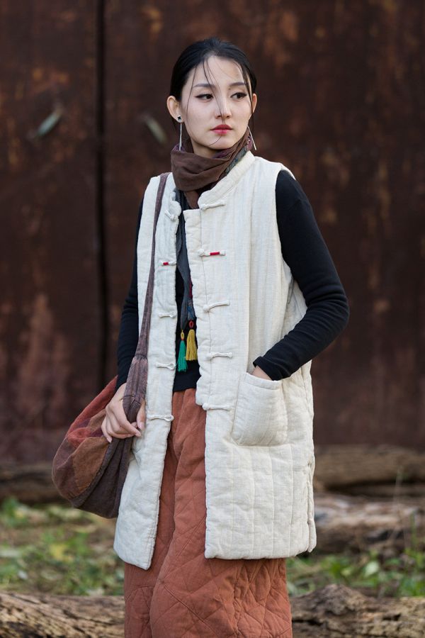 燕燕~冬季新款 苧麻豎格絎縫炒色夾棉保暖背心 