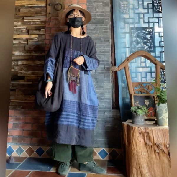 燕燕~棉麻商品~復古文藝做舊雪花洗老布拼接 洋裝 連身裙。ab187201 