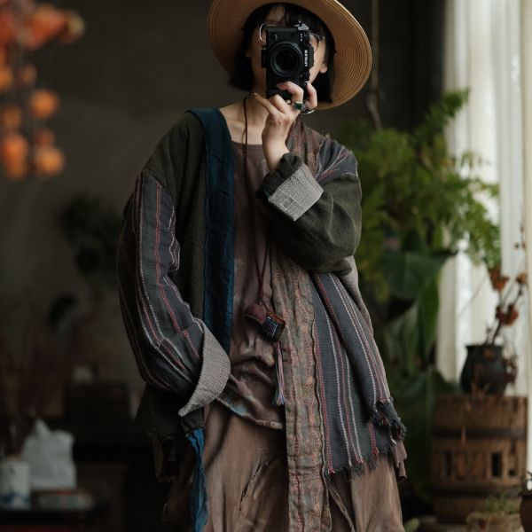 燕燕~秋款 復古文藝棉麻拼色外披薄外套 ab234901 