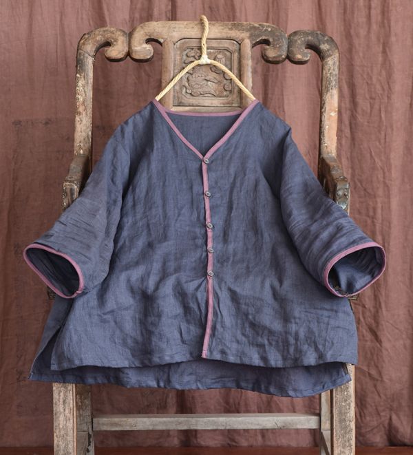 燕燕~亞麻。七分袖撞色邊V領開衫文藝上衣 襯衫 長袖棉麻衫 