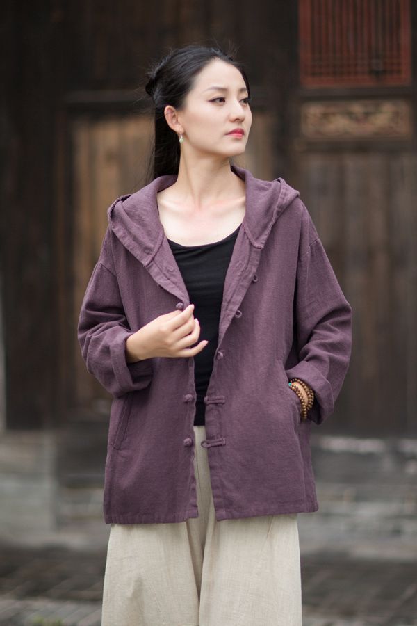 燕燕~秋季新款 苧麻連帽流浪風女式開襟衫 襯衫 外套 