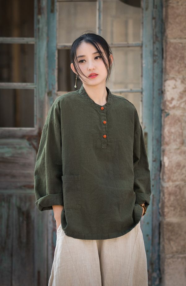 燕燕~莧麻棉~夏女裝新款  撞色盤扣上衣 長袖棉麻衫 