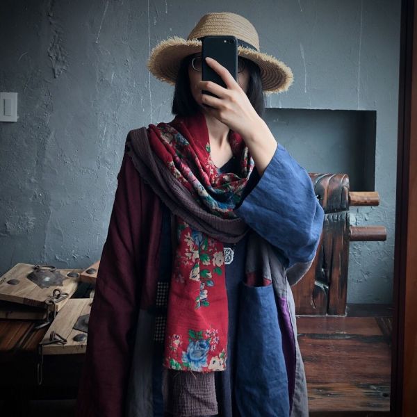 燕燕~棉麻商品~民族風.   肌理棉拼布毛邊圍巾 紅花 披肩 ab03201 