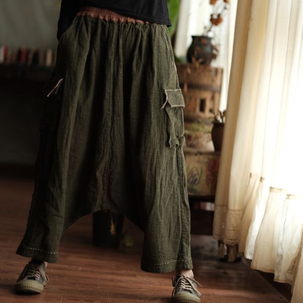 燕燕~棉麻商品~設計文藝復古休閒褲寬鬆百搭鬆緊腰闊腿褲  飛鼠褲 哈倫褲 ab234801 