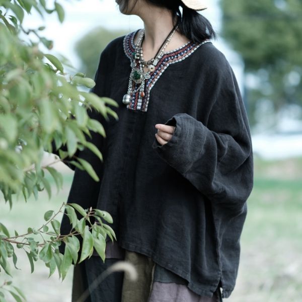 燕燕～春季新款 純亞麻 水洗領口拼接繡花片蝙蝠袖襯衫上衣 長袖棉麻衫 ab202201 