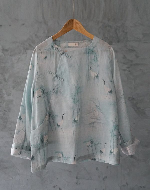 燕燕~夏苧麻漢服禪意文藝茶服國風上衣襯衫復古印花修禪服 七分袖棉麻衫 